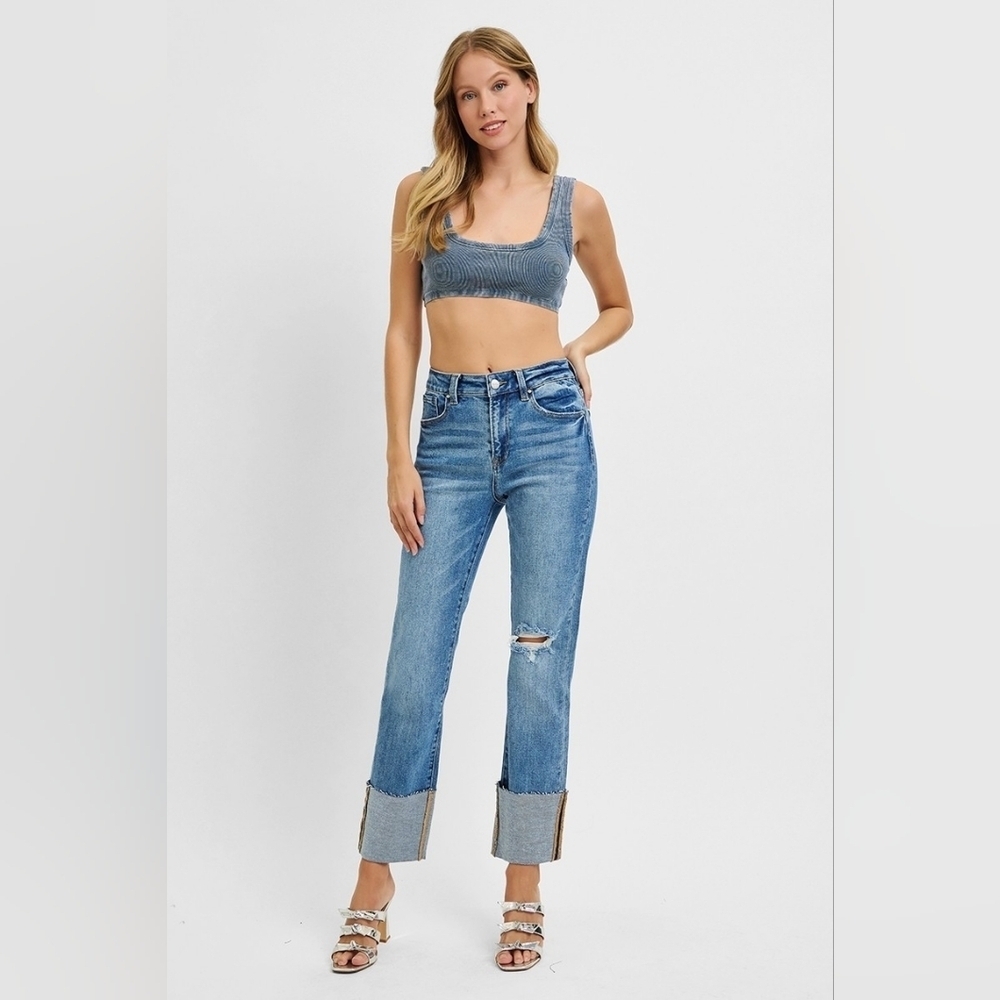 Risen HR Medium Wash Wide Cuff Straight Fit Denim Jeans Long Inseam Various NEW